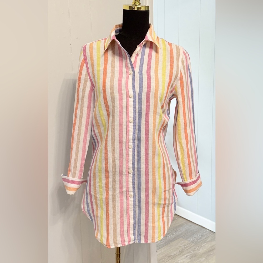 #12)  Talbots 100% Linen Colorful Striped Button-Down Shirt